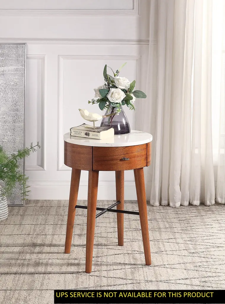 Walnut Finish Round End Table Faux Marble Top and Drawer Living Room kanepe