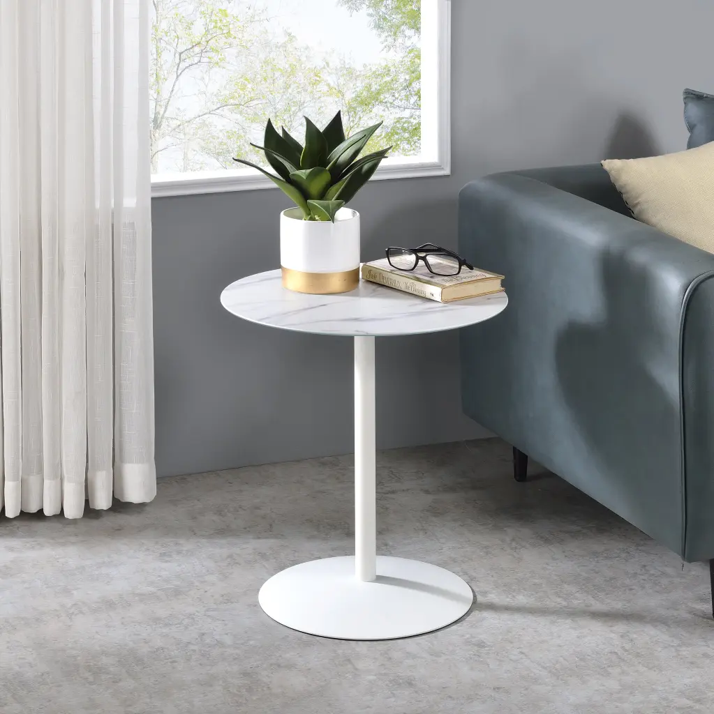 Circa 17.5 Inch End Table White Marble Textured Top White Glass lilola home