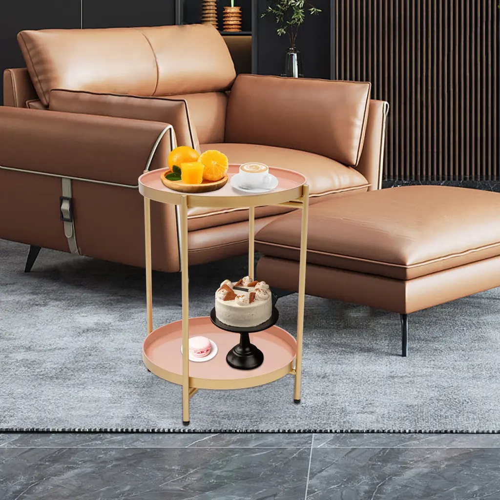 MONIPA 2-Tier Round End Table 2 Tabletops Removable Tray Golden Pink Bedroom Mon…