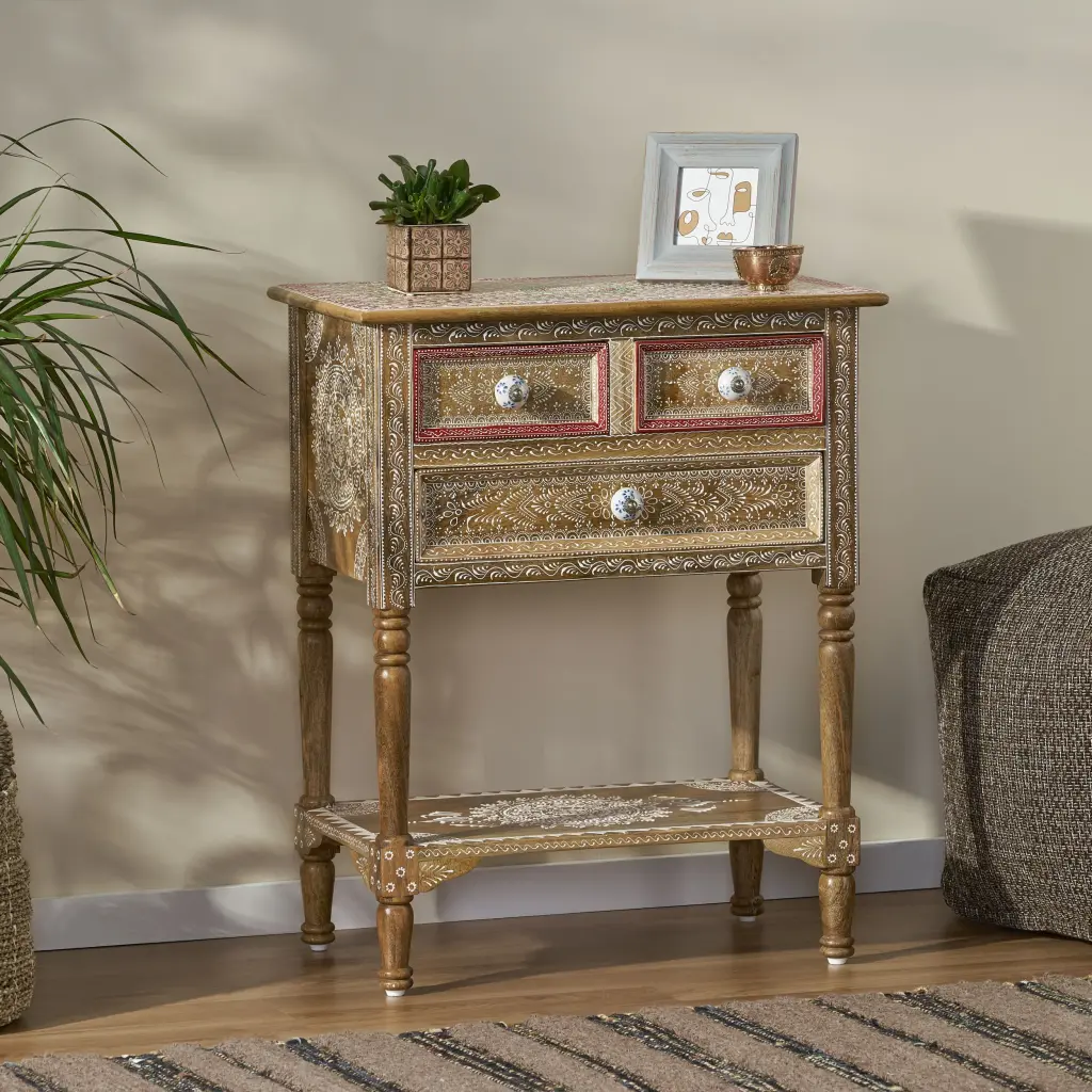 Wooden 2 Drawer End Table Natural Wood Finish Living Room nh-comfortcove