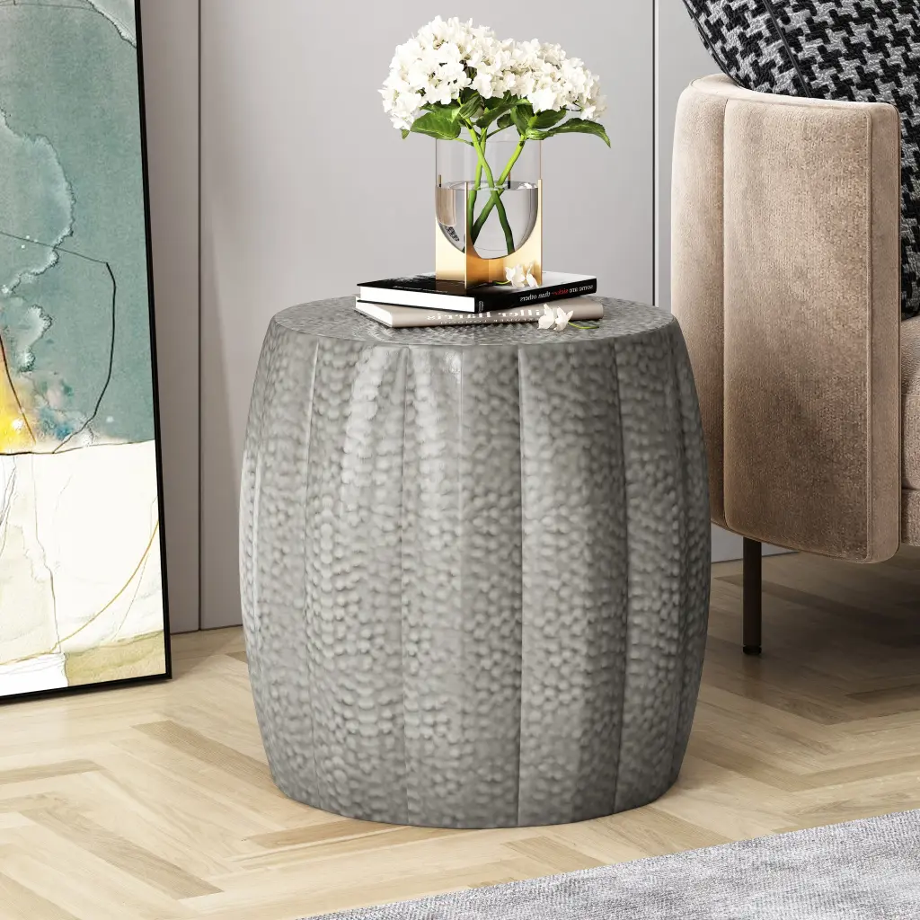 Metallic Drum End Table Antique Shiny Metal Ferrous Metal nh-home living