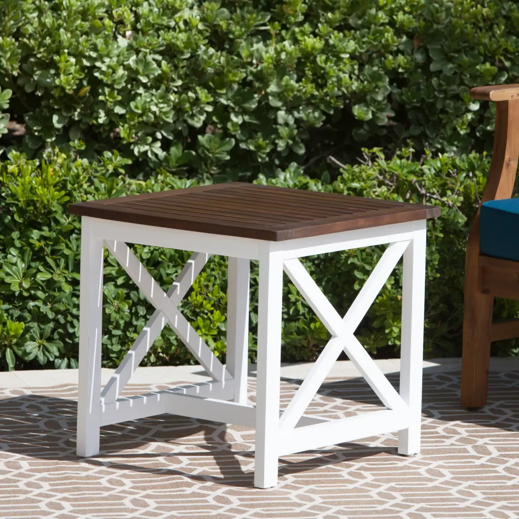 Outdoor Farmhouse Cottage Dark Oak Acacia Wood End Table White Frame Noble House