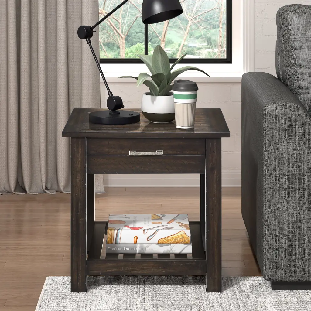 OakvillePark Froid End Table Distressed Dark Brown - Rustic Nightstand or Side Table