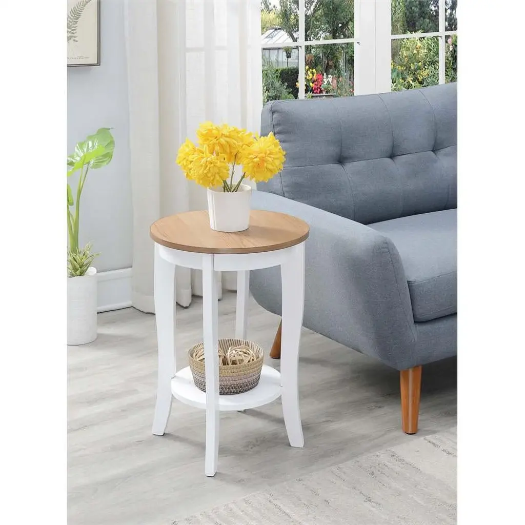 Pemberly Row White Round End Table Natural Wood Top Modern Side Table