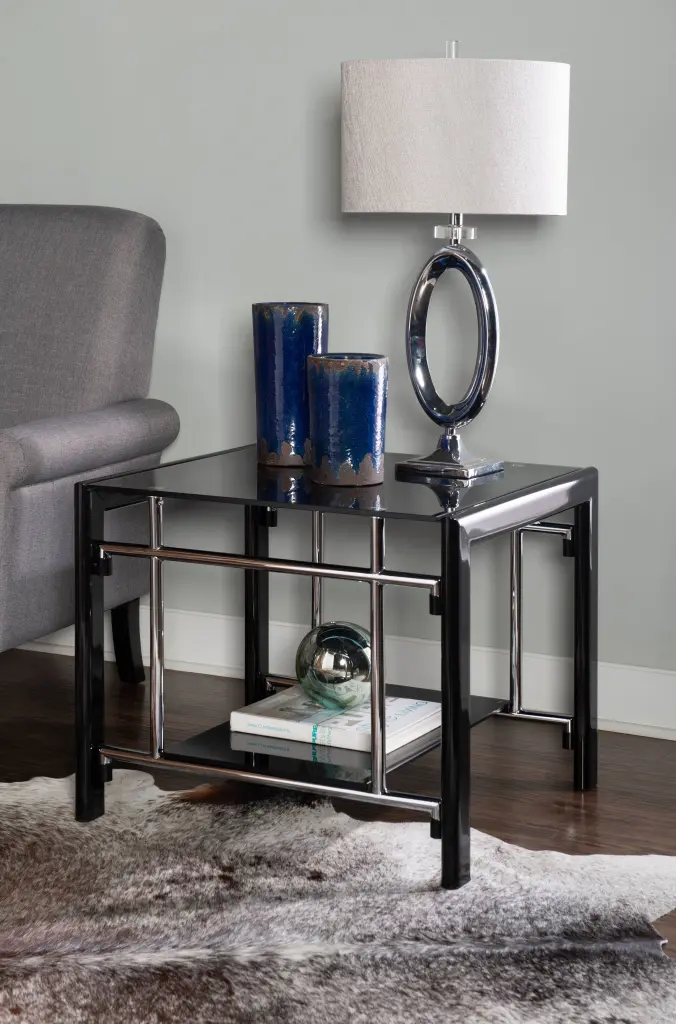Powell Black Glass and Metal Indoor End Table Shelf 22 Tall