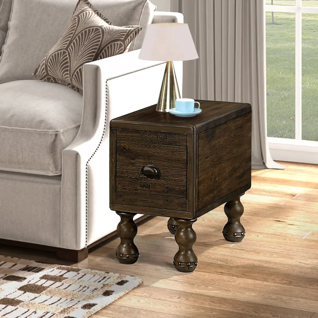 Solid Wood End Table Rectangle 23.6 Inch Narrow Side Table Drawer power growth furniture