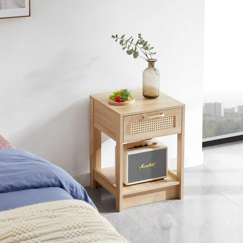 15.75 Inch Rattan End Table Drawer Modern Nightstand rnb