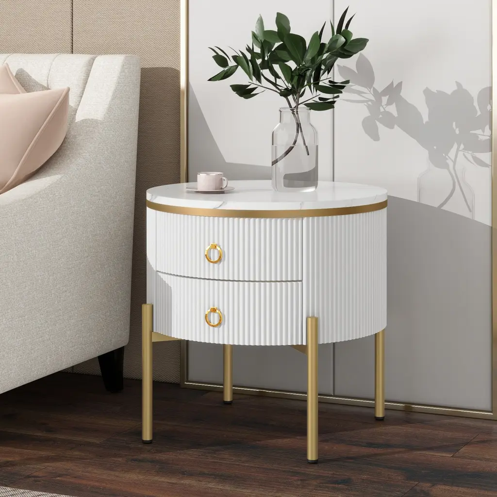 19.6 Inch Round End Table Storage Drawers Fluted Nightstand Compact Furniture rnb