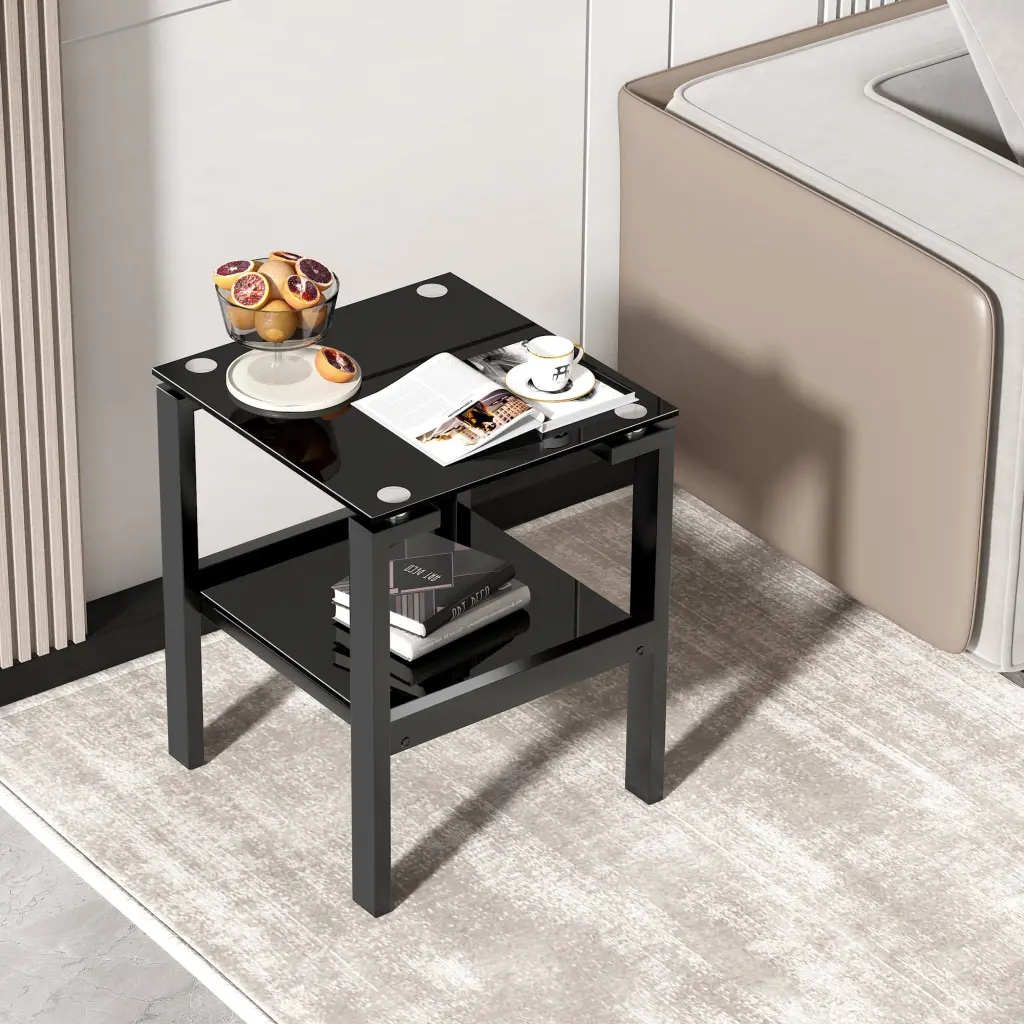 Black Glass Clear Side End Table 2 Tier Space Corner Table rnb