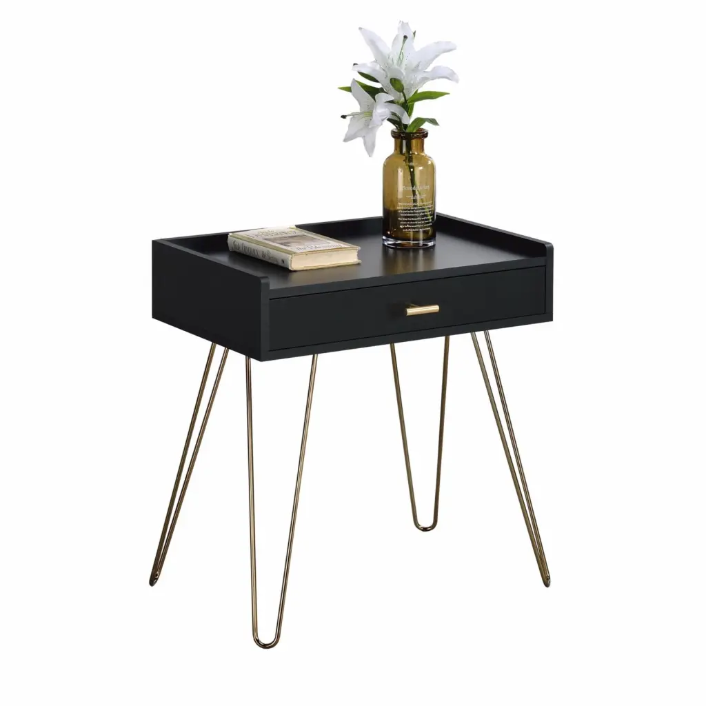 Roundhill Furniture Hailey 1-Drawer Wood End Table Black Gold Metal Legs