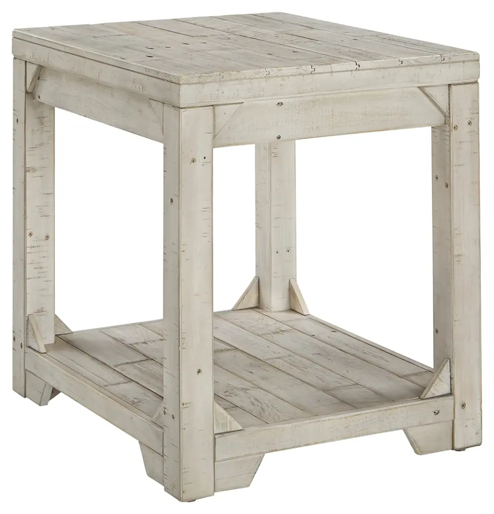 Farmhouse Style End Table Plank Design and Open Shelf White royal hampton