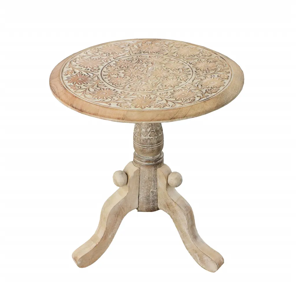 Intricately Carved Round Top Mango Wood Side End Table - Pedestal Base royal hampton