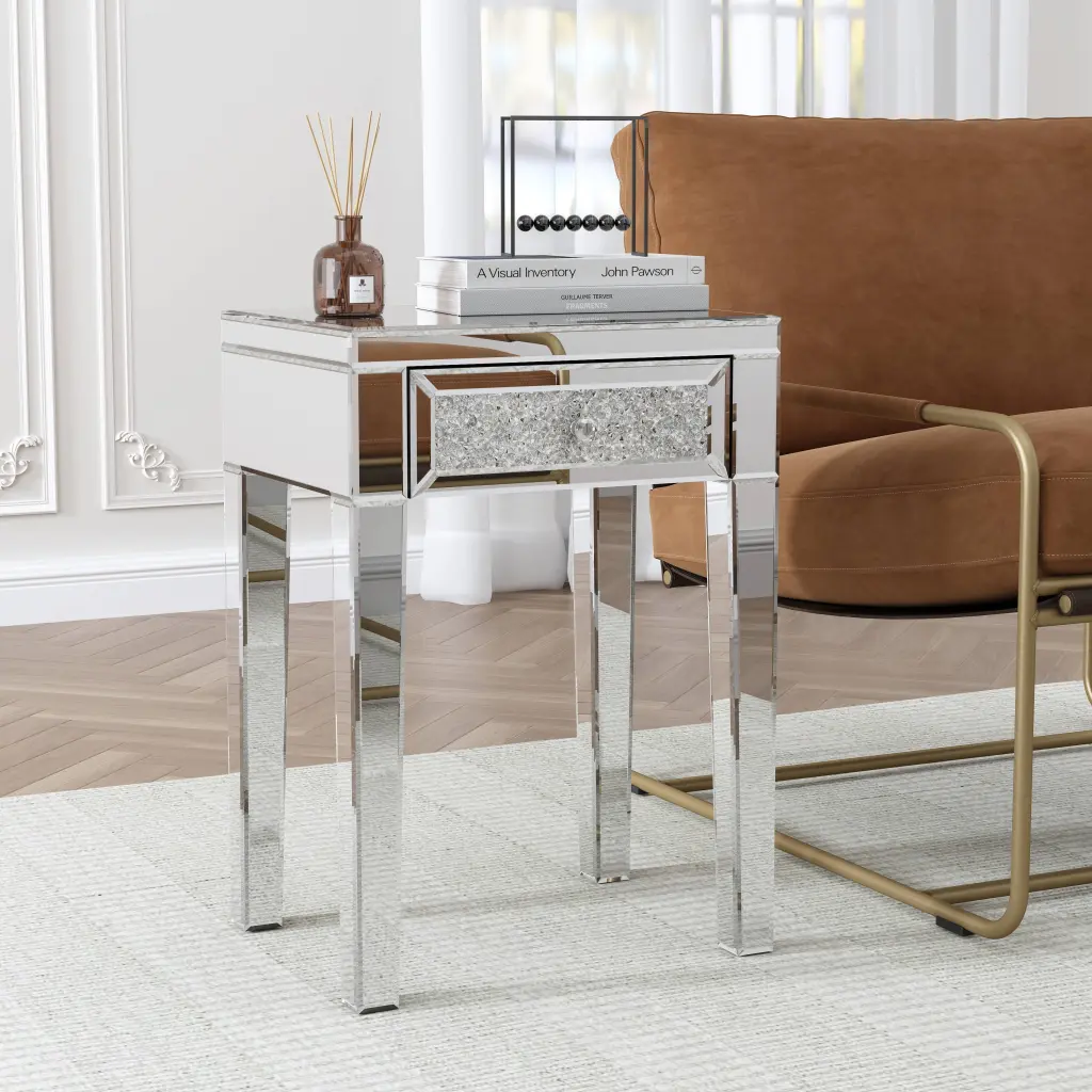 SHYFOY Mirrored End Table Drawer Modern Diamond Side Table Living Room Bedroom