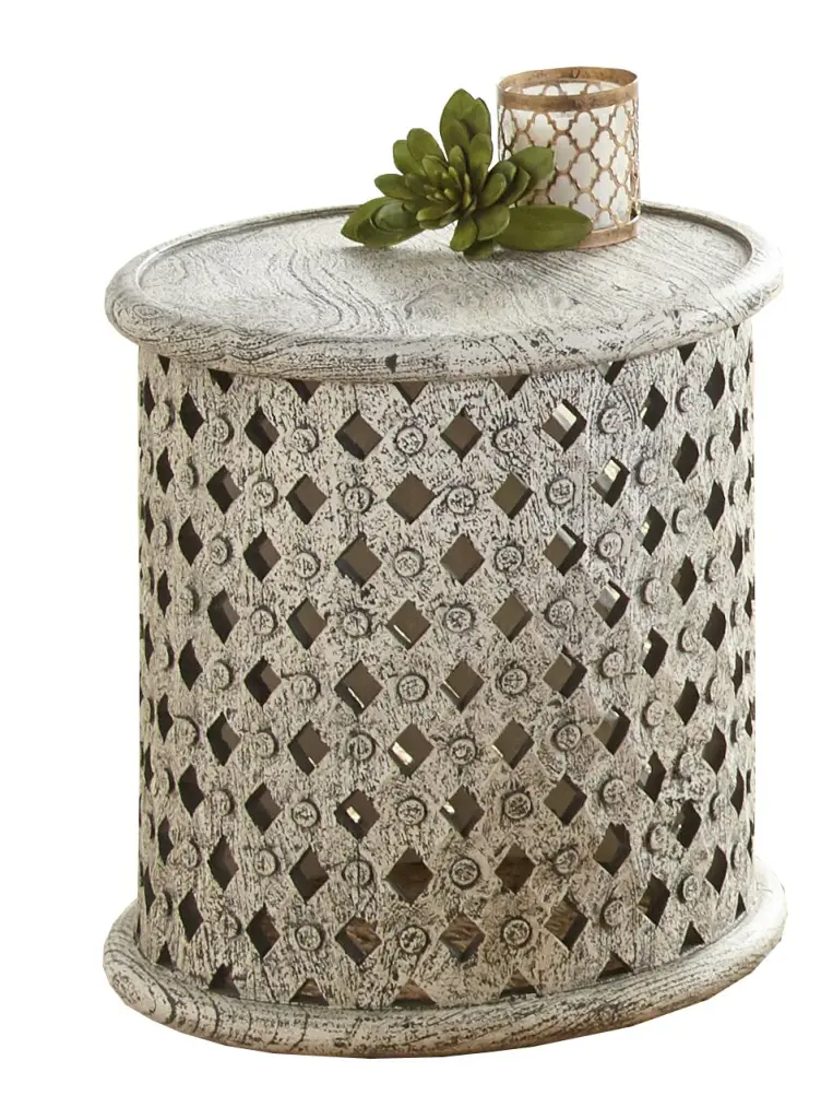 Samir Round Tribal Carved Wood End Table White steve silver furniture
