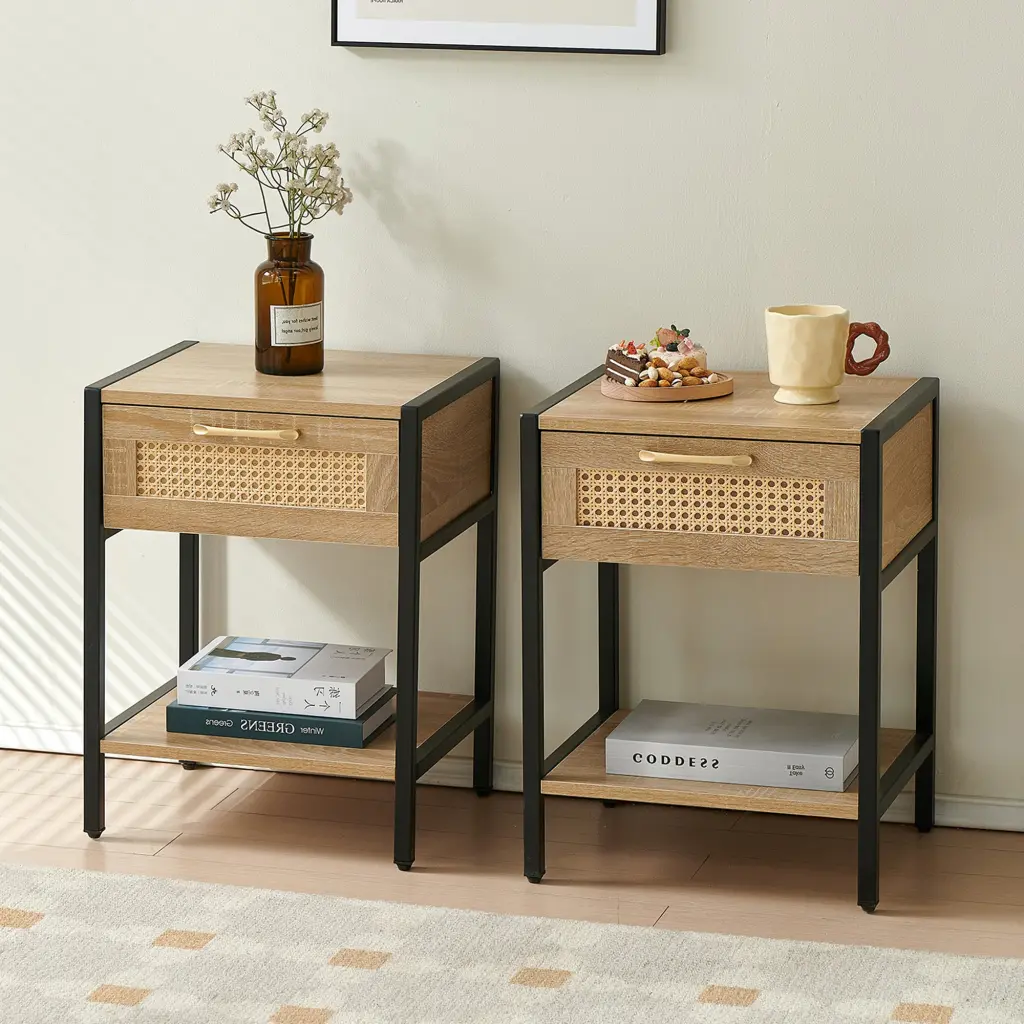 Set 2 Rattan End Tables Drawer and Metal Frame sya furniture