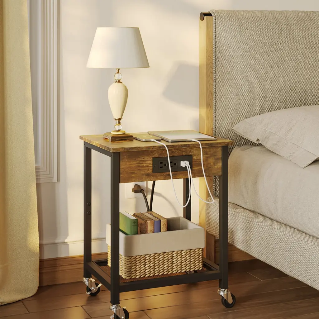 TC-HOMENY End Table Charging Station USB Ports and Wheels 2 Set