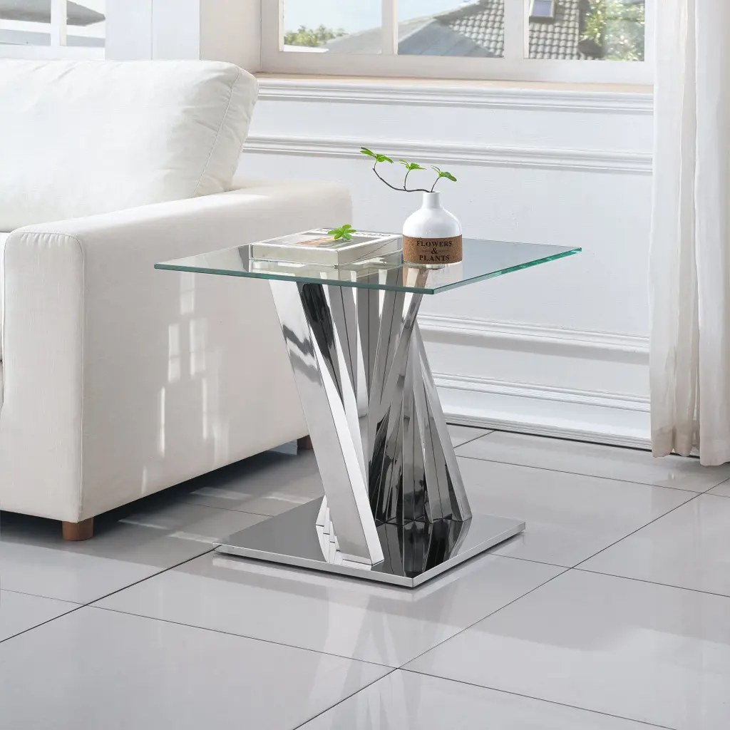 Tempered Crystal Top End Table Shiny Metal Mirror Finish Stainless Alloy w1311 artisan furniture