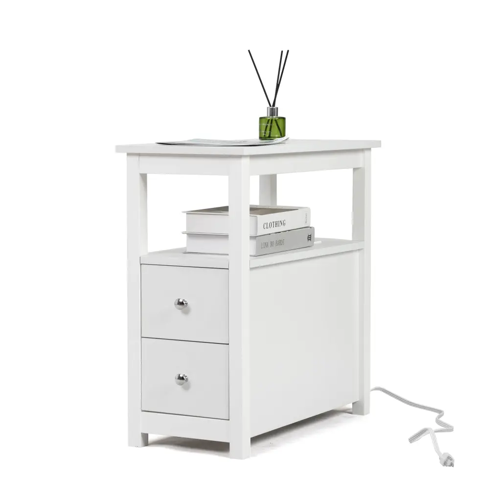 Narrow Sofa Side Table Charging Station Wooden Nightstand w2181