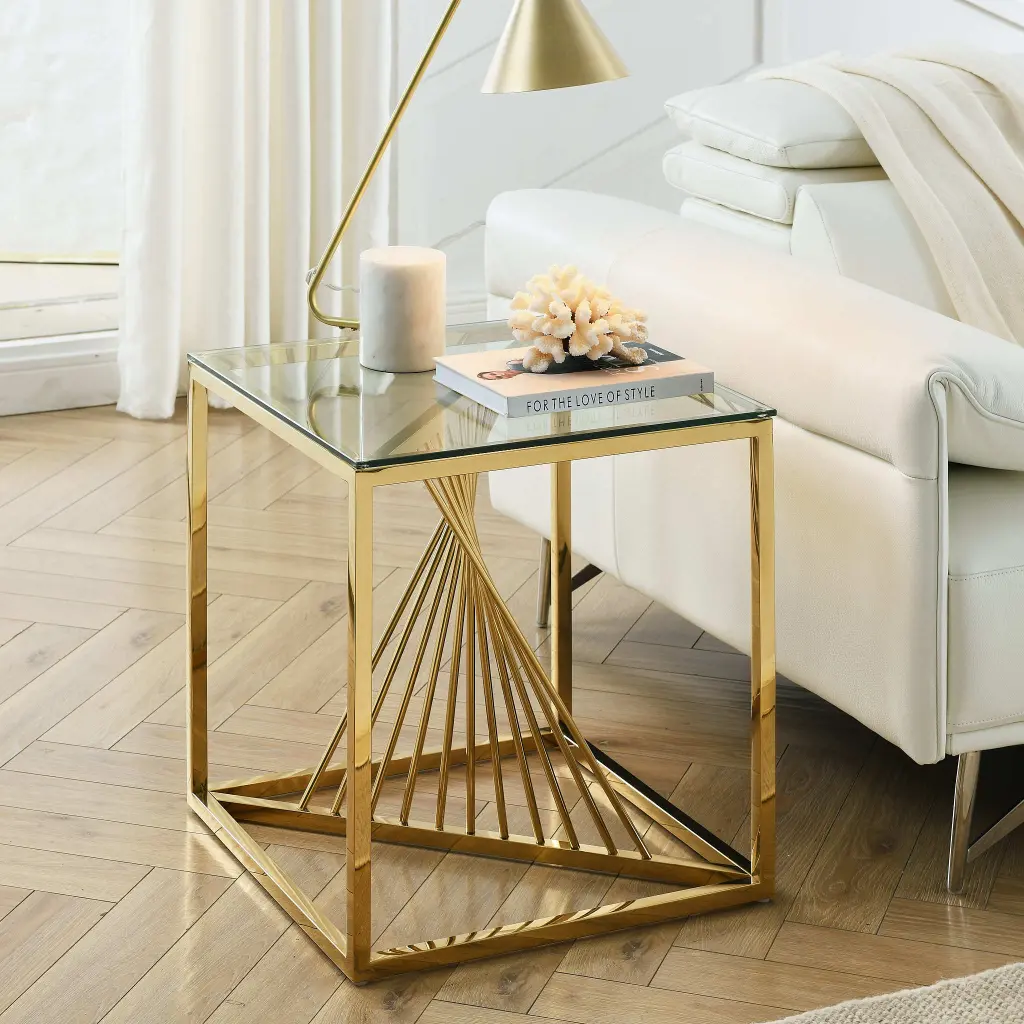 20 Inch Modern Glass End Table Geometric Metal Frame, Accent Table woker furniture