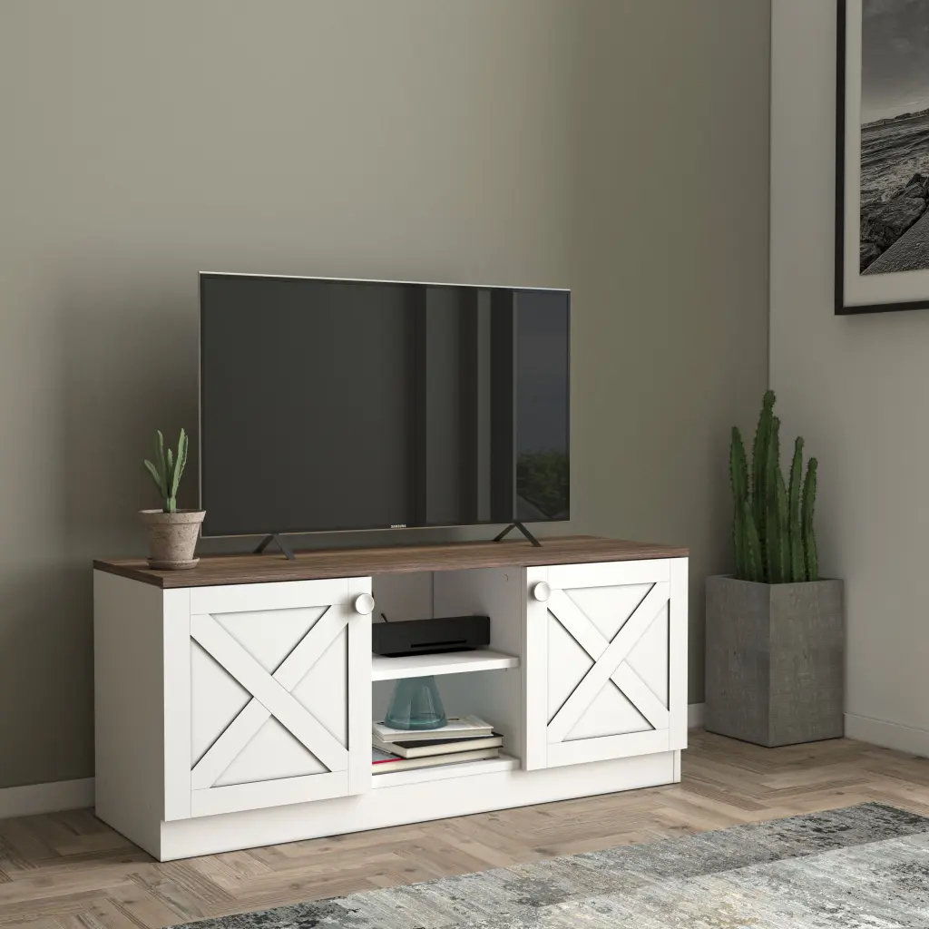 Coastal Timber Base 2 Cupboards Vintage TV Stand White 80-89 Inches Retro furnia