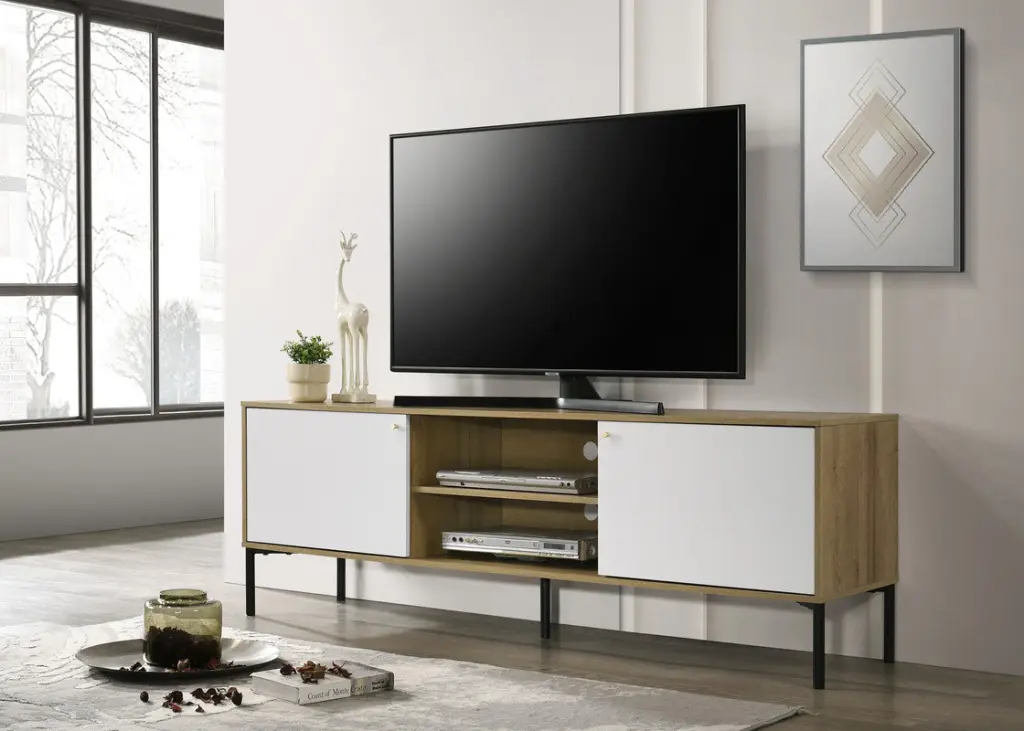 Burke 70''W White and Oak 2 Door TV Stand 60-69 Inch TVs lilola home