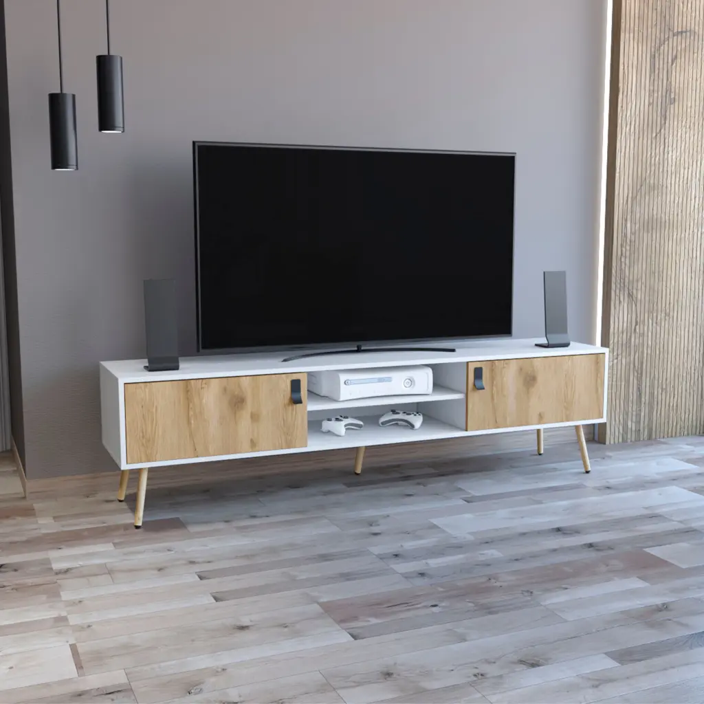 Huna TV Stand Dual Tone Hinged Drawers and Open Shelves tuhome