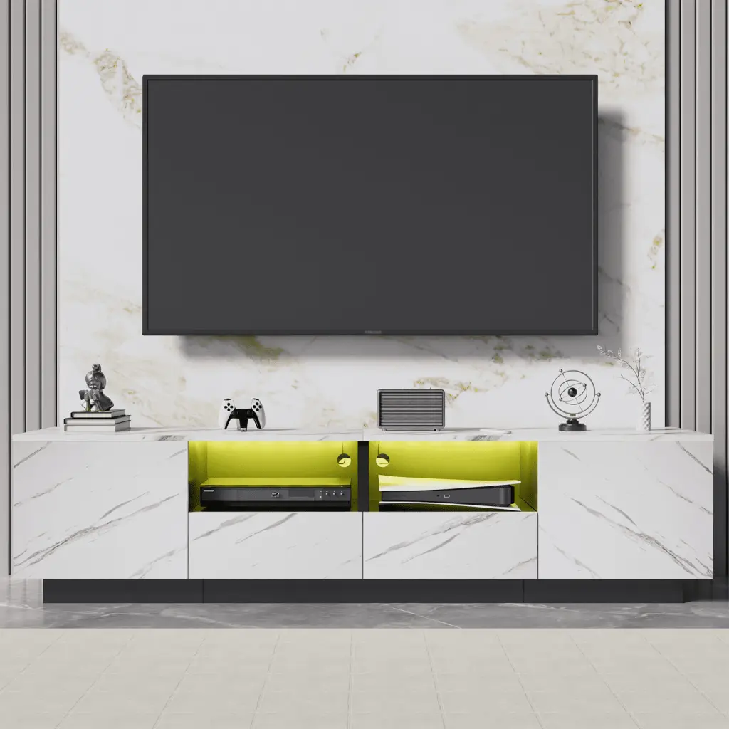 Buenhomino LED TV Stand TVs up to 75 inch High Gloss Modern Entertainment Center Storage Marble White