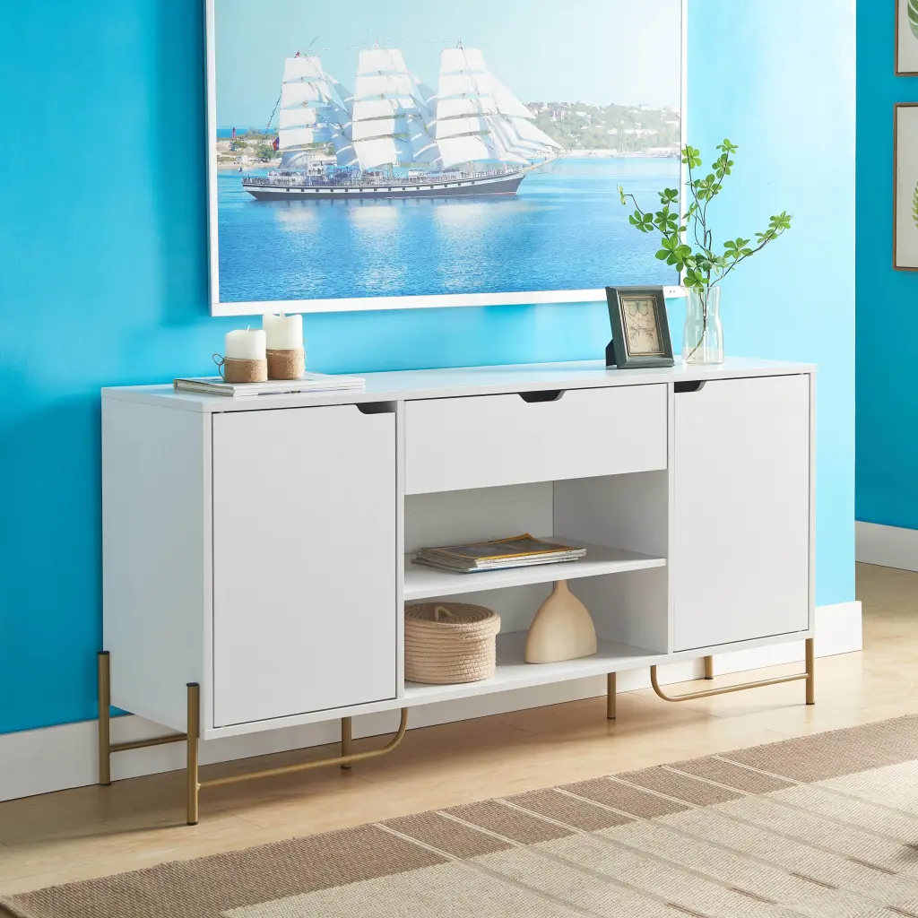 White and Gold TV Stand Console Cabinets and Open Shelves Entertainment Center DJ Corp Design