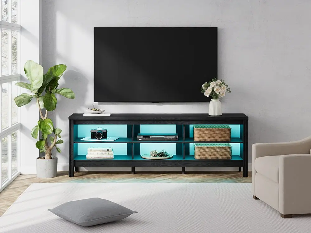 Classic TV Stand 75 Inch Flat Screen 16 Color LED Wood Entertainment Center Black FITUEYES