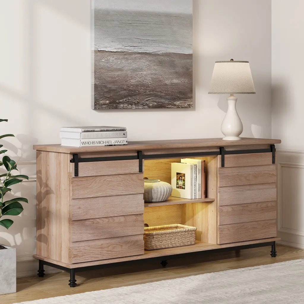 LED TV Stand Sliding Barn Door Oak Entertainment Center FITUEYES