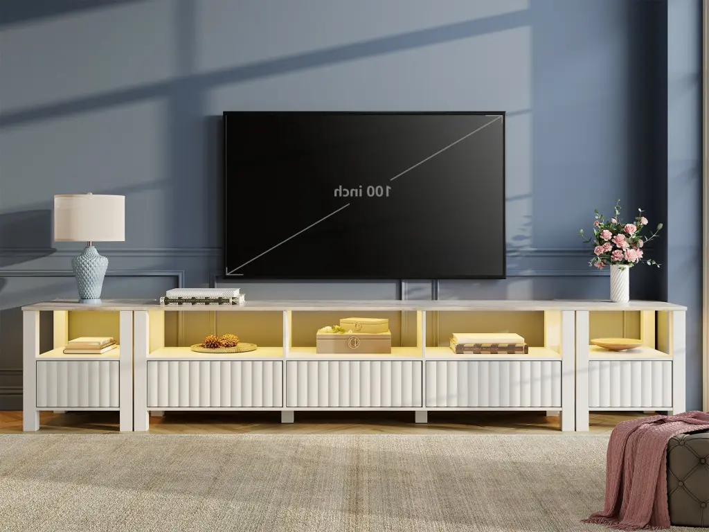 LED TV Stand TVs up to 100 Inches Modern Wood Entertainment Center 10 Cubby Storages White FITUEYES