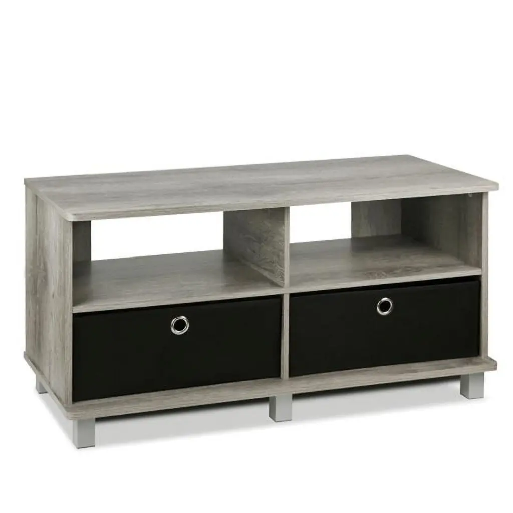11156GYW-BK Entertainment Center 2 Bin Drawers - French Oak Grey Finish - Stylish Storage Solution Highkey