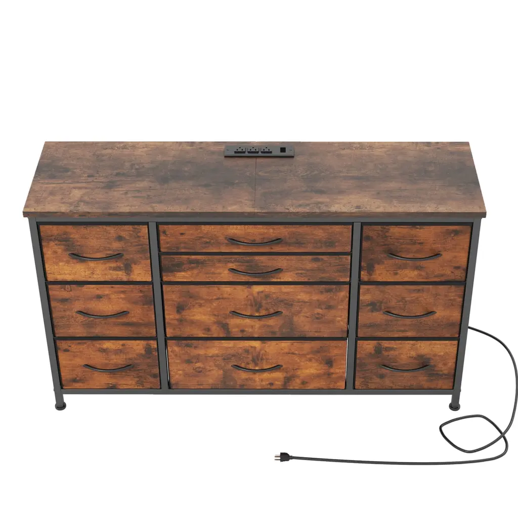 Rustic Brown Dresser TV Stand 55 Inch TVs 10 Drawers Built- Electrical Outlet Metal Frame Joyspirit