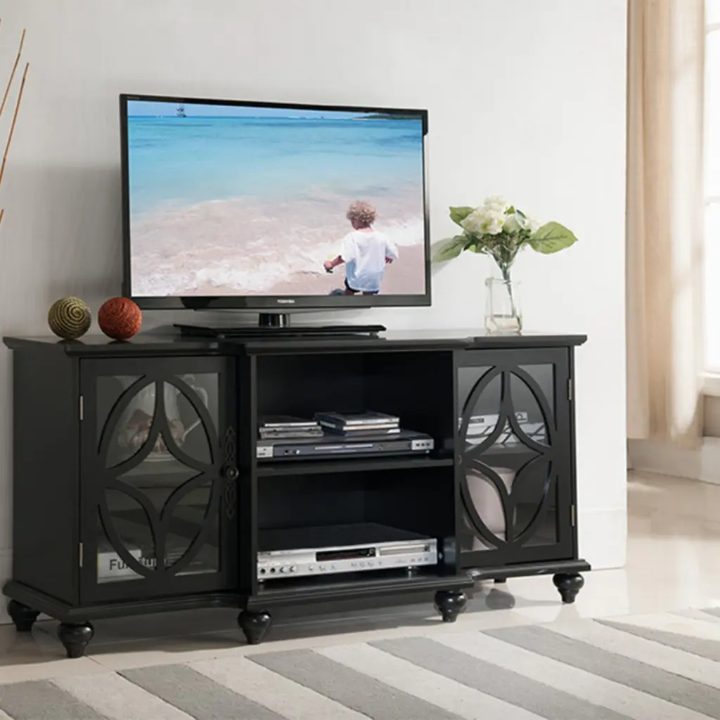 KB 47 Inch Wood Black Entertainment Center TV Stand Storage Shelves K&B