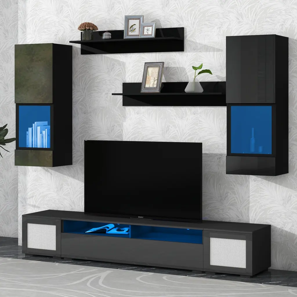 Rattan Style Entertainment Center 7 Piece Floating TV Console on-trend