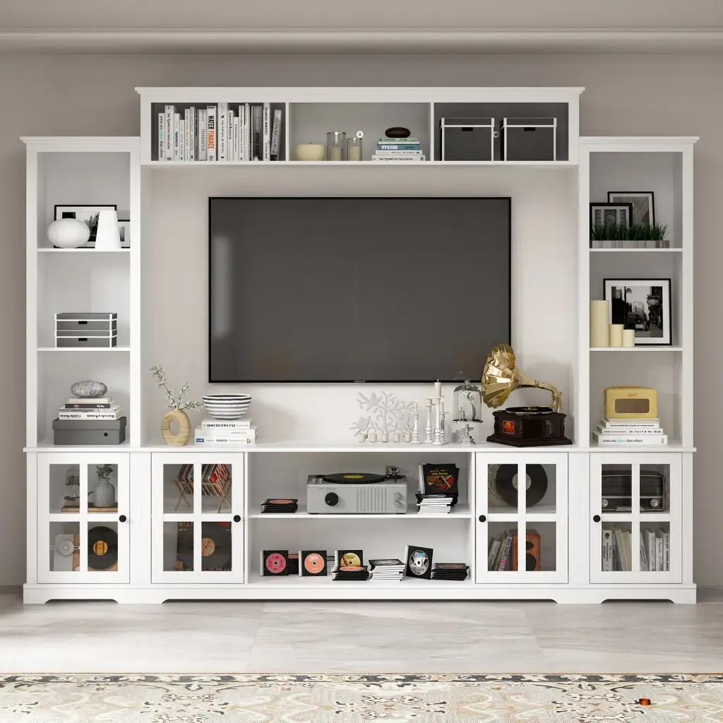 OXYLIFE Large Entertainment Center Bookcase, TV Media Center Console Table Open Shelves and Glass Door White