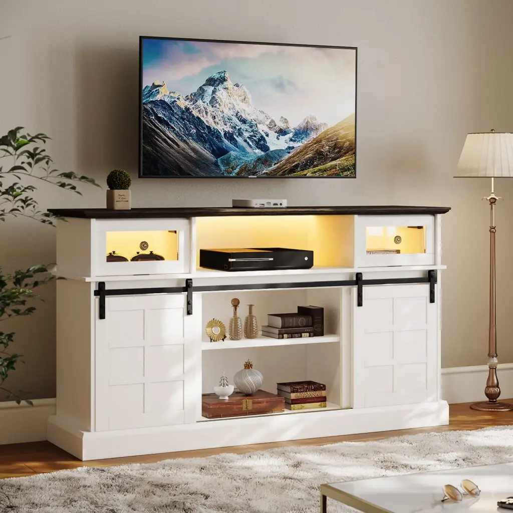 Modern 58 Inch LED TV Stand 65 Inch TVs Flip Drawers and Sliding Barn Doors White Peradix