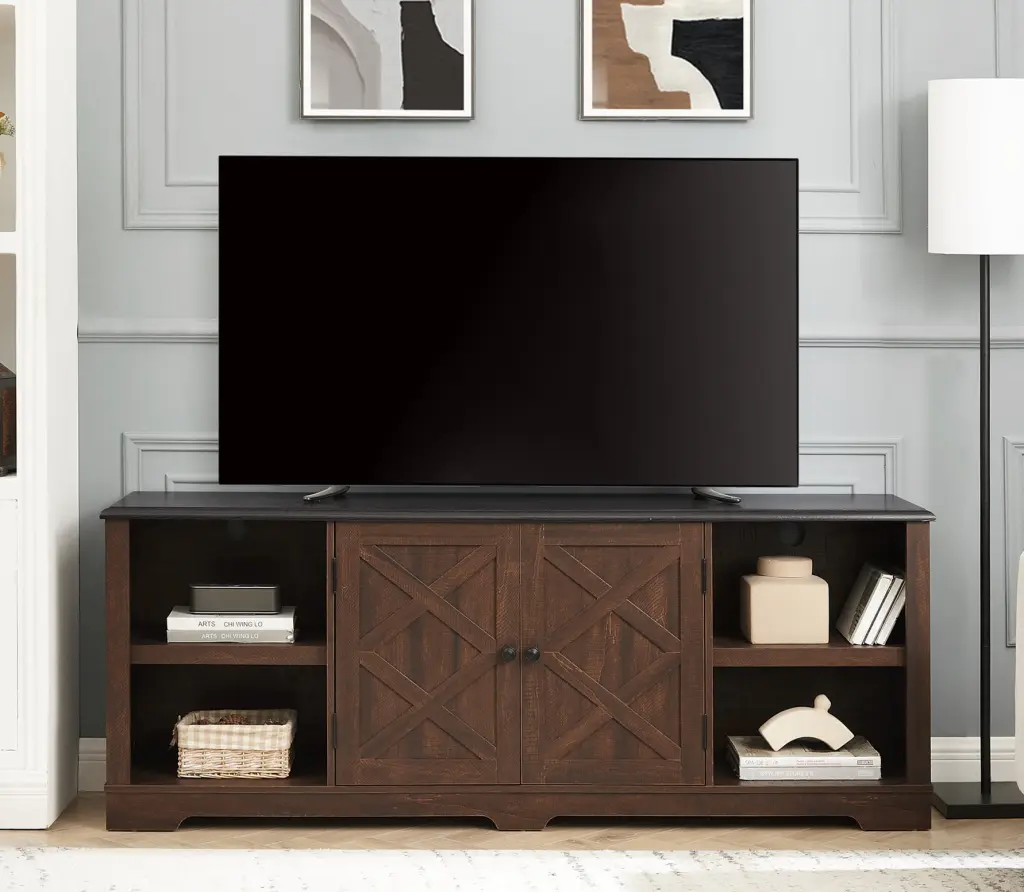 PORKISS Modern TV Console 80 Inch TVs Open Shelves and Barn Door Farmhouse Media Center Espresso Black