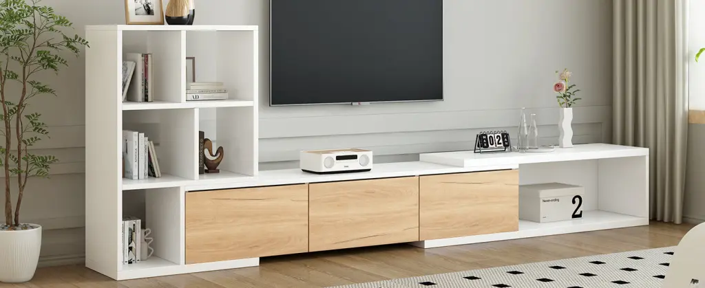 74.8 to 126 Inch Extendable TV Stand 3 Tier Bookshelves Large TVs rnb