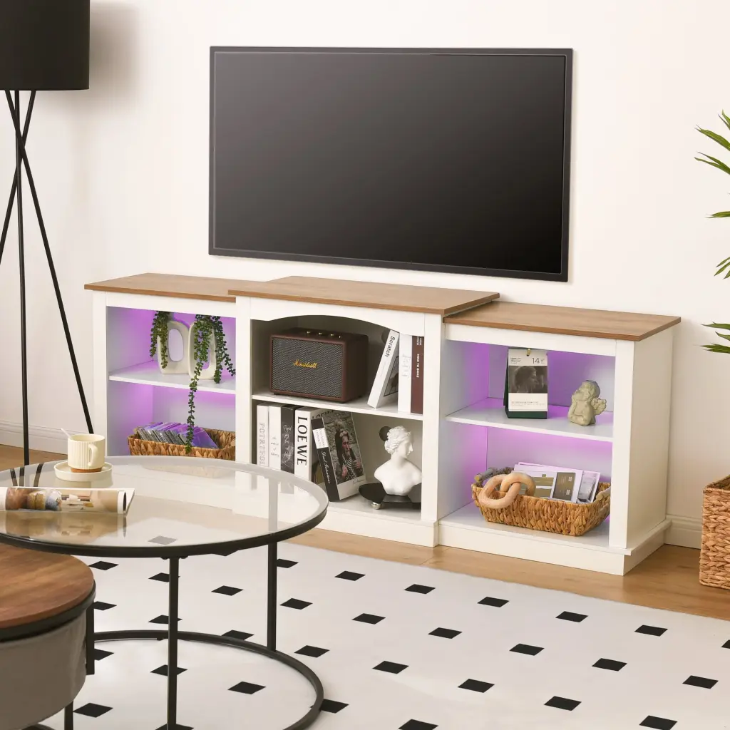 Entertainment Center TV Stand LED Lighting Wood Media Console TVs up to 80 Inches White StorageWorks