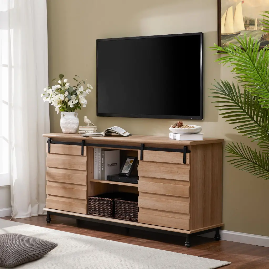 Farmhouse TV Cabinet Entertainment Center TVs up to 65 Inches Oak Finish Wampat