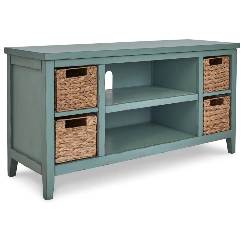 Anya 47 Inch Rustic TV Entertainment Console Open Shelf and 4 Baskets Blue - Saltoro Sherpi