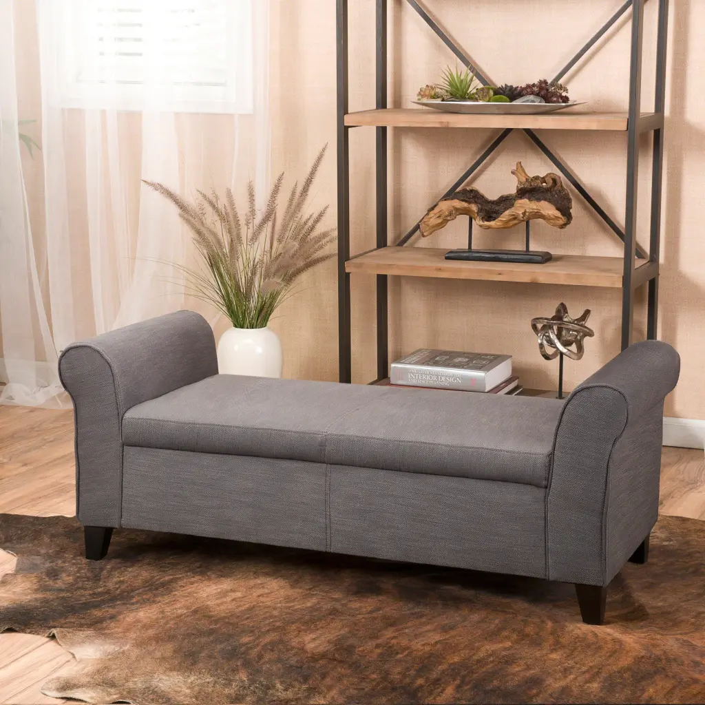 Hayes Armed Storage Bench Gray Upholstered Entryway Seating nh-perfect home