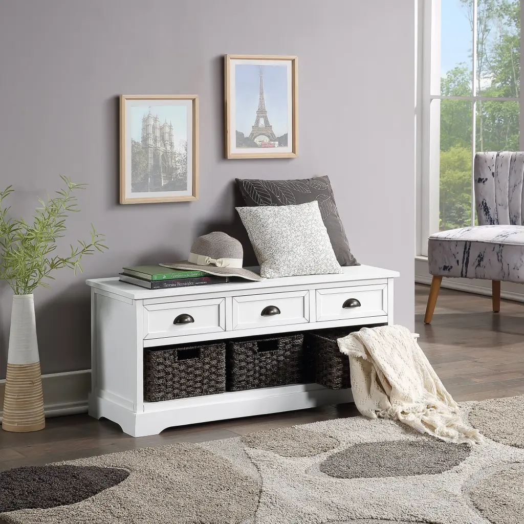 Homes Gatherion Wood Storage Bench 3 Drawers 3 Woven Baskets Entryway Shoe Bench Organizer u_style