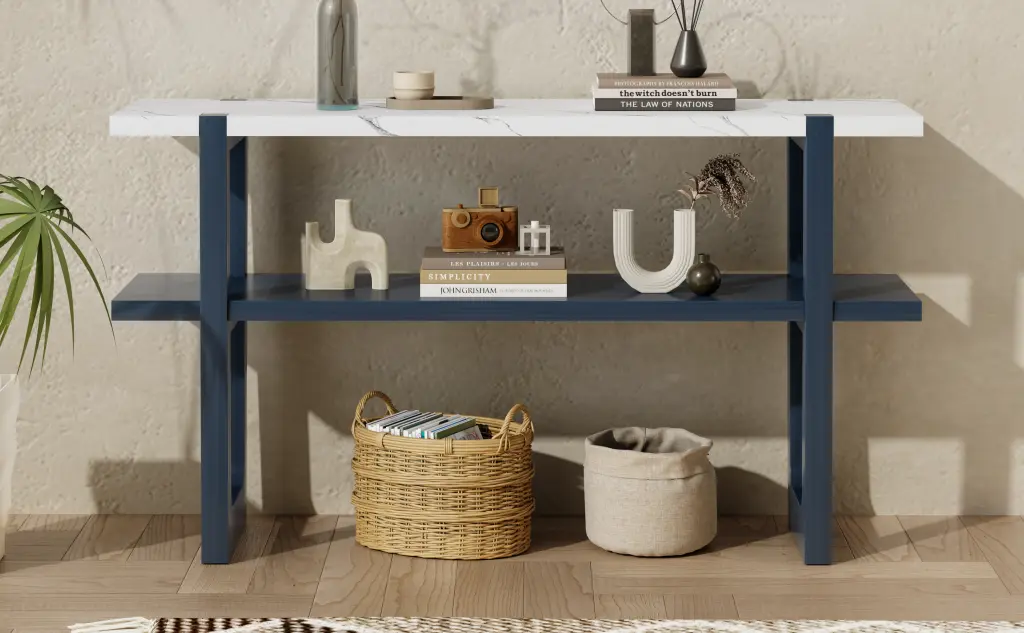 Retro Elegant Console Table Marble Effect Top And Multi-functional Storage rnb