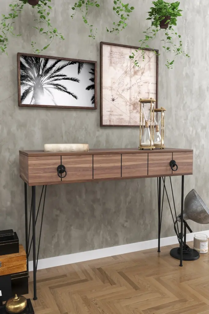 Asia Entryway Table Metallic Legs Timber Drawer Entryway Table Walnut Console Table furnia