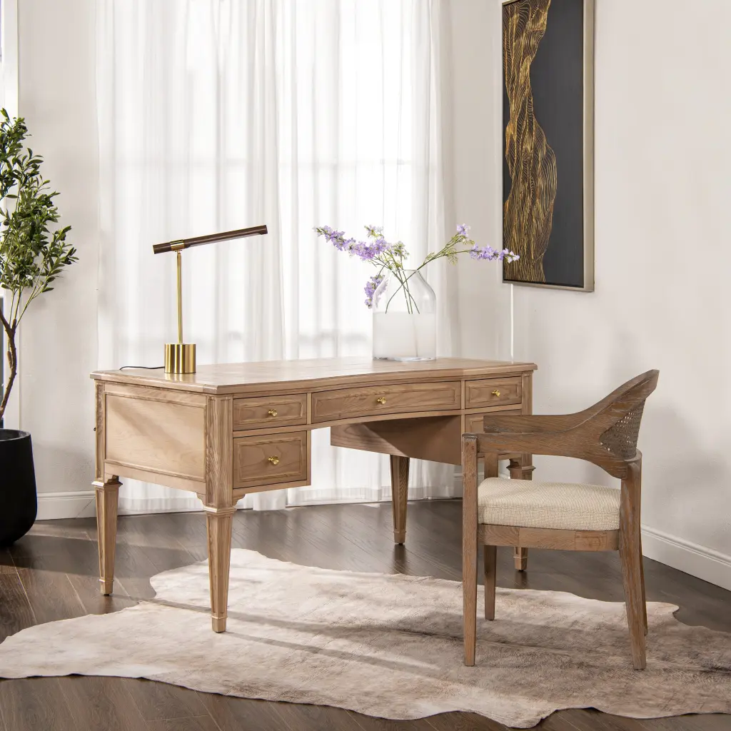 Dauphin Gold Accent 5 Drawer Wood Executive Desk Natural Brown jennifer taylor home