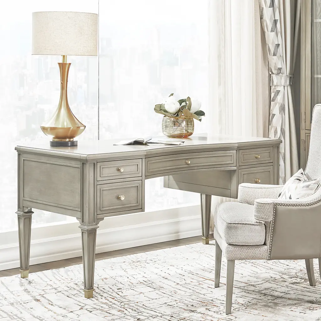 Dauphin Gold Accent 5 Drawer Wood Executive Desk Grey Cashmere jennifer taylor home