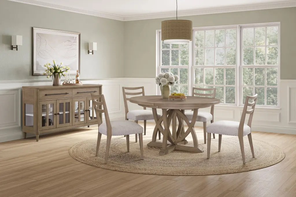 Round Dining Expandable Table Sand Solid Wood and MDF Top ihomefurnishings