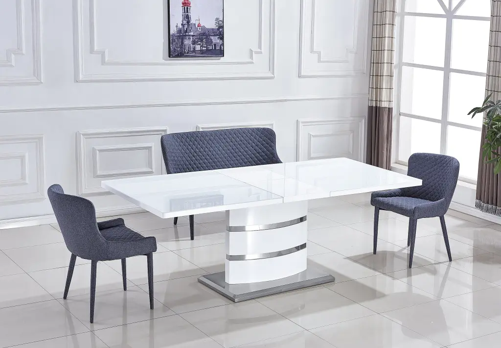 Expandable Crystal Top Dining Table Butterfly Leaf, White Lacquer MDF Base w1241 artisan furniture